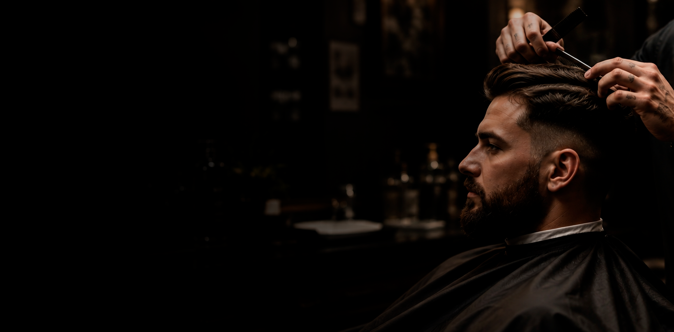 Barber carefully cutting a client's hair in a dark, upscale barbershop
